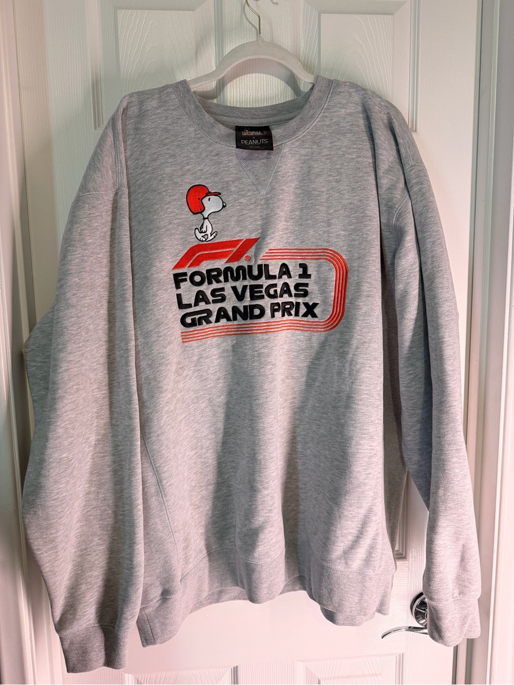 Peanuts Gray Crewneck Sweatshirt with Red & Black Race Graphic